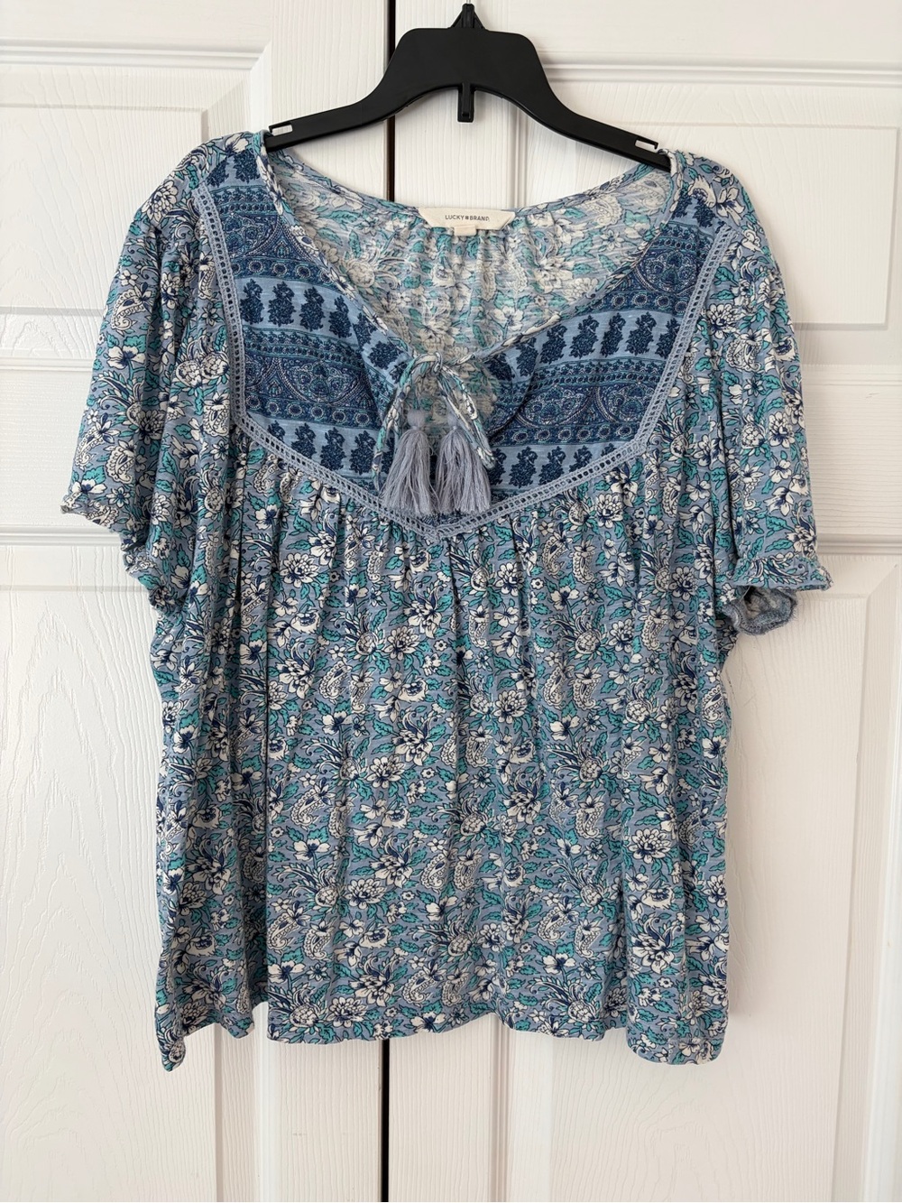 NWOT Lucky Brand Blue Flower Print Boho Lace Up Tunic Blouse Shirt Size XL